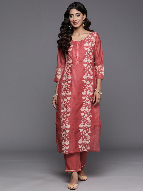 Rust Printed Silk Blend Straight Kurta With Trousers - Jashvi