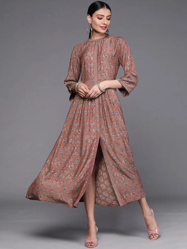 Rust Printed Silk Dress - Jashvi