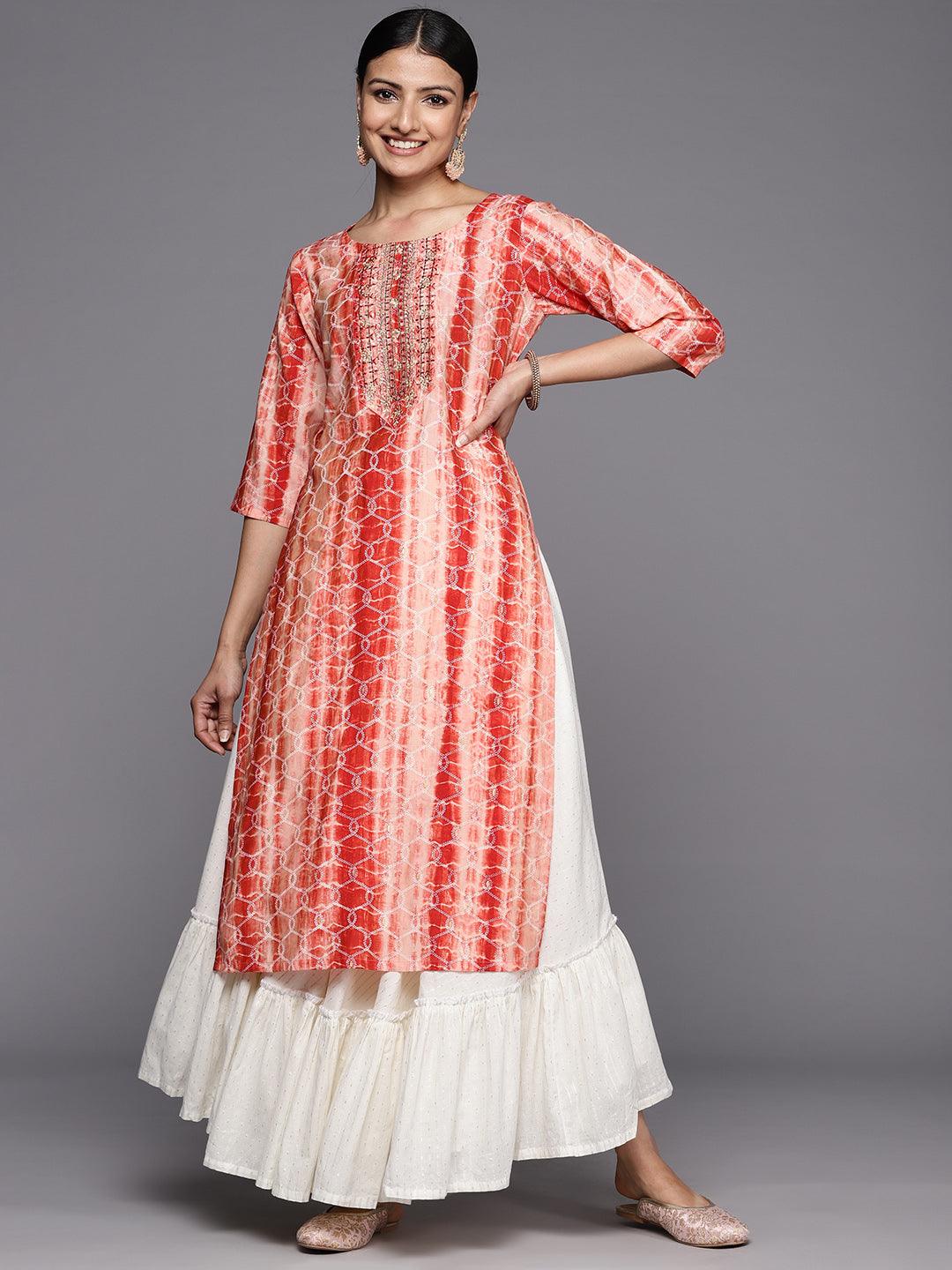 Rust Printed Silk Straight Kurta - Jashvi