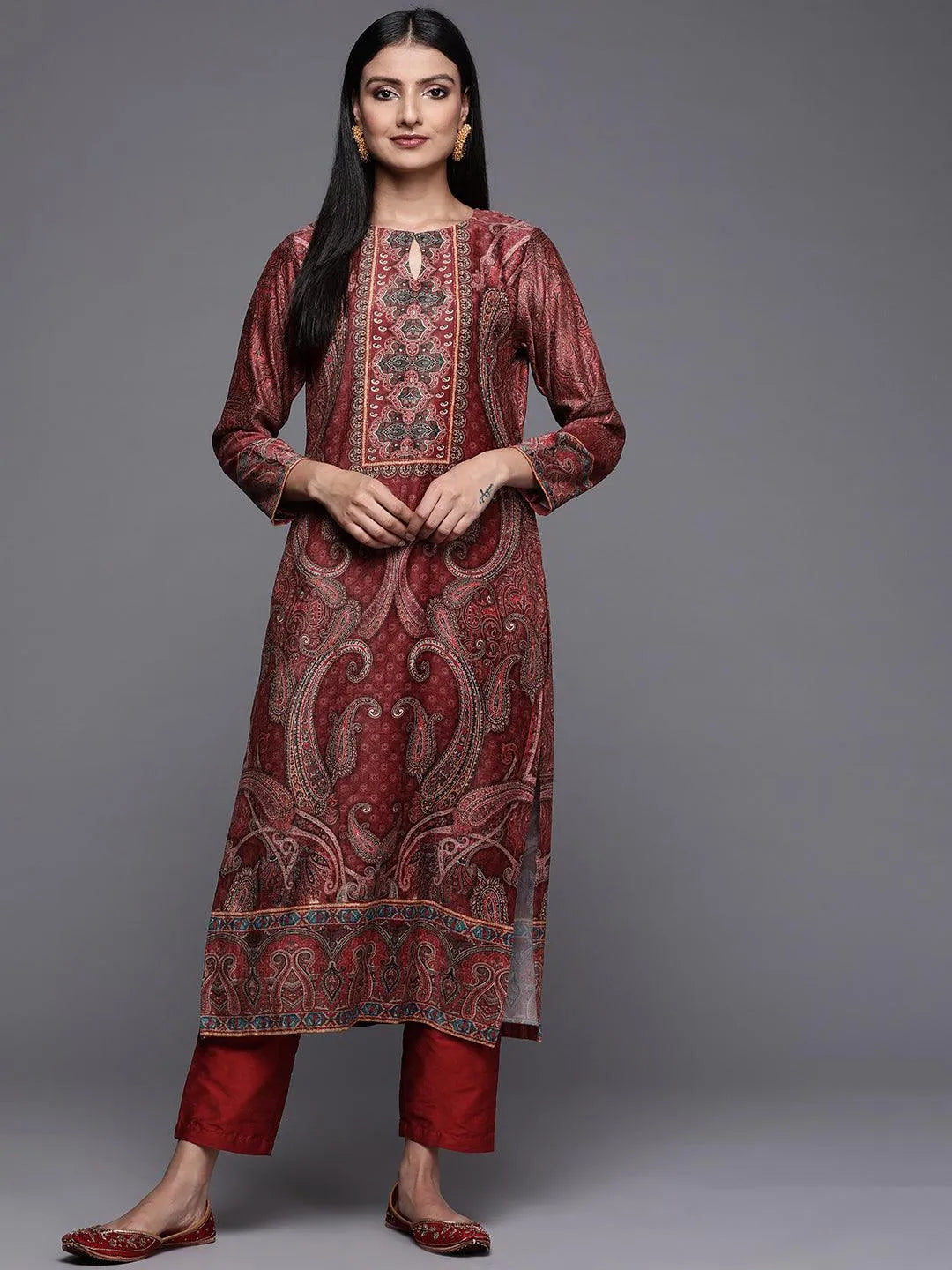 Rust Printed Velvet Straight Kurta - Jashvi