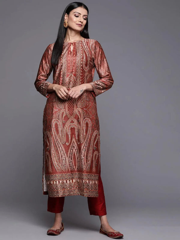 Rust Printed Velvet Straight Kurta - Jashvi