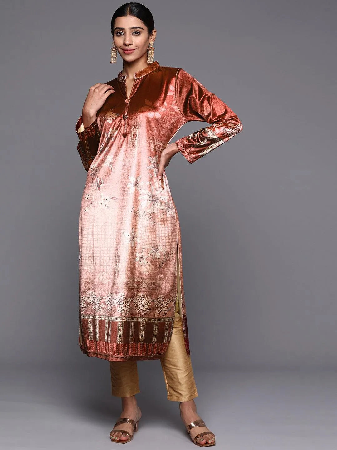 Rust Printed Velvet Straight Kurta - Jashvi