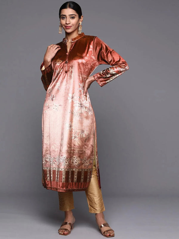 Rust Printed Velvet Straight Kurta - Jashvi