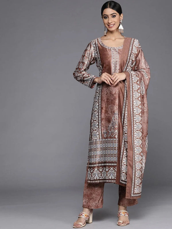 Rust Printed Velvet Straight Suit Set With Trousers - Jashvi