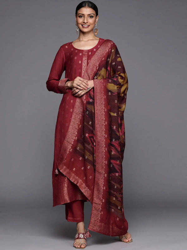 Rust Self Design Pashmina Wool Straight Suit Set - Jashvi