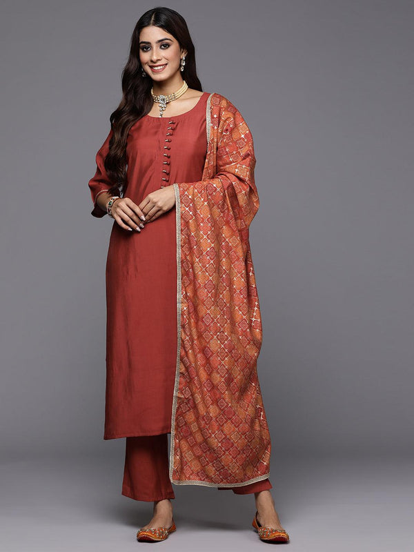 Rust Solid Silk Blend Straight Kurta With Trousers & Dupatta - Jashvi