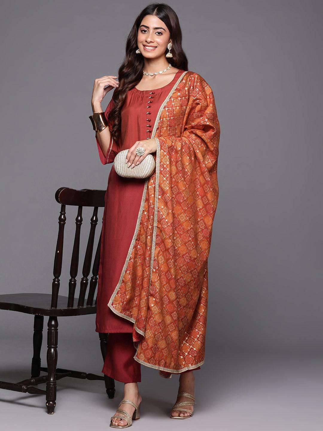 Rust Solid Silk Blend Straight Kurta With Trousers & Dupatta - Jashvi