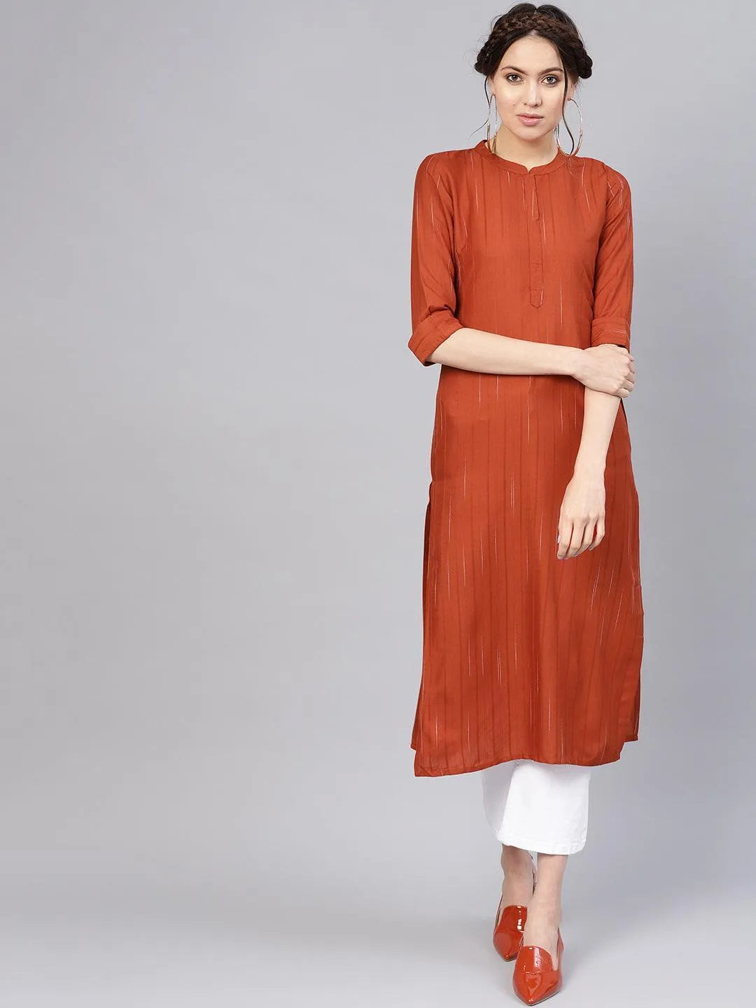 Rust Striped Rayon Kurta - Jashvi