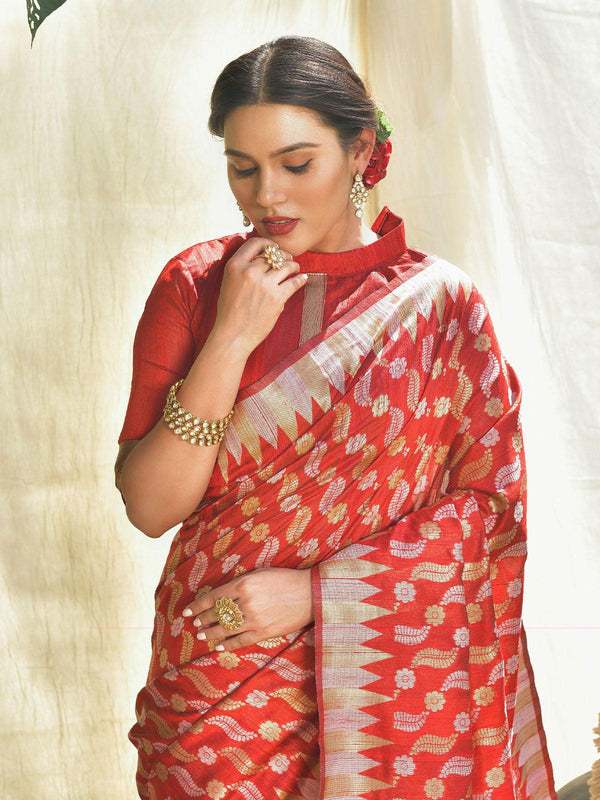 Women's Rust Tussar Silk Heavy Jamdani Saree - Odette