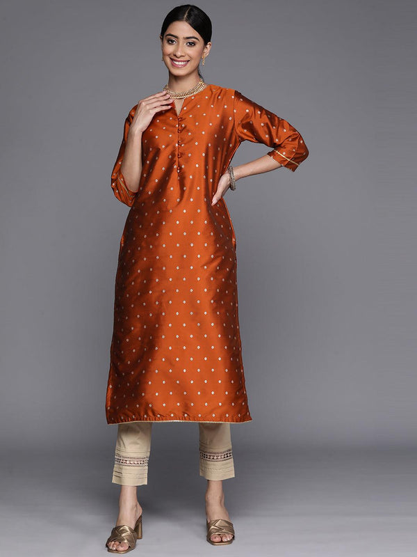 Rust Woven Design Art Silk Straight Kurta - Jashvi