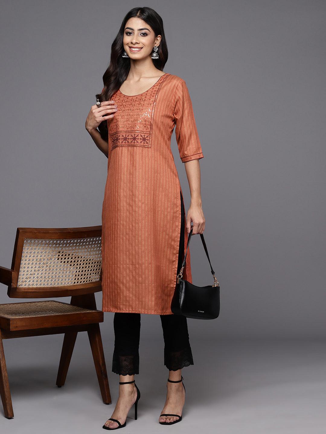 Rust Yoke Design Cotton Straight Kurta - Jashvi