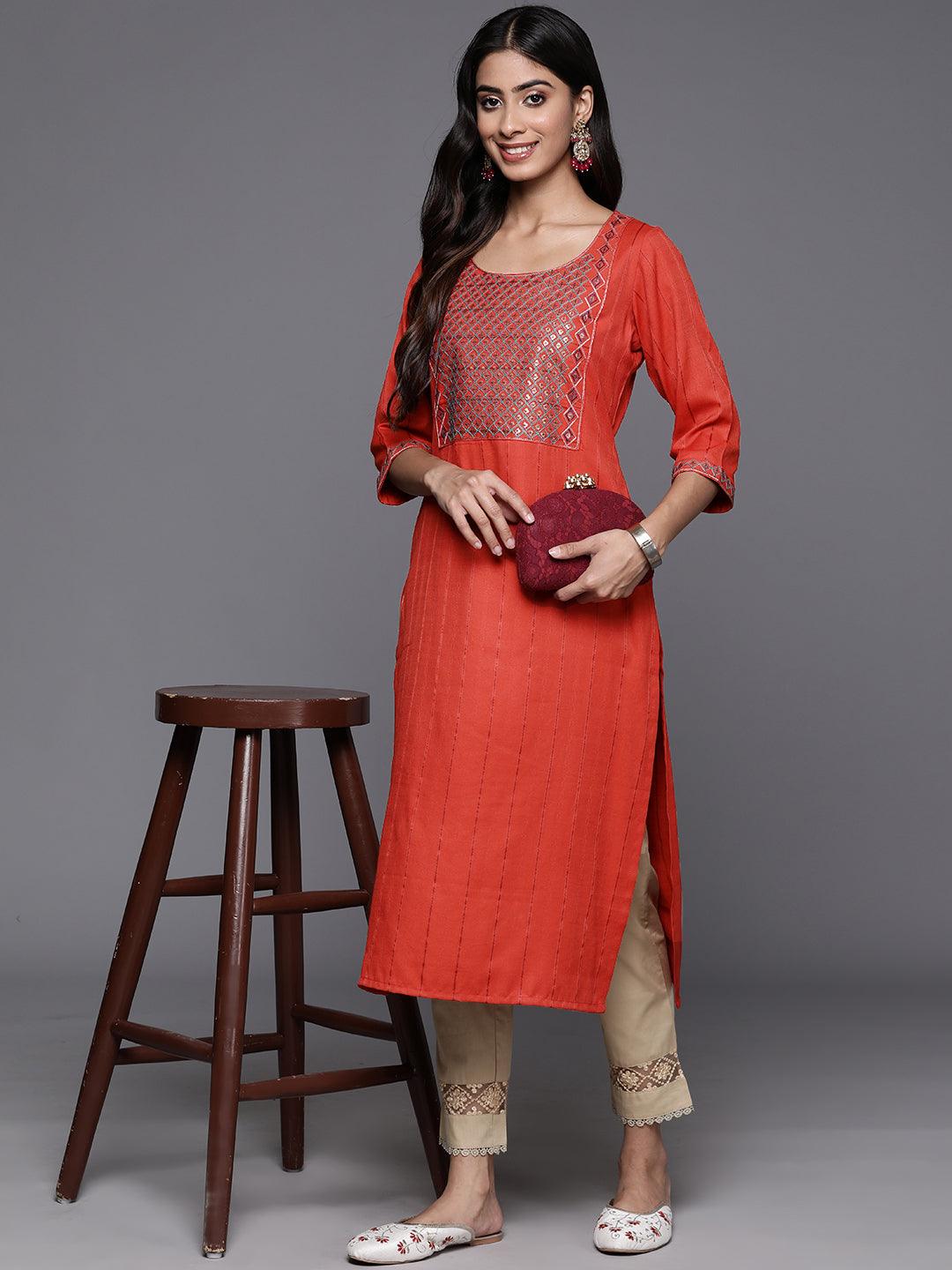 Rust Yoke Design Rayon Straight Kurta - Jashvi