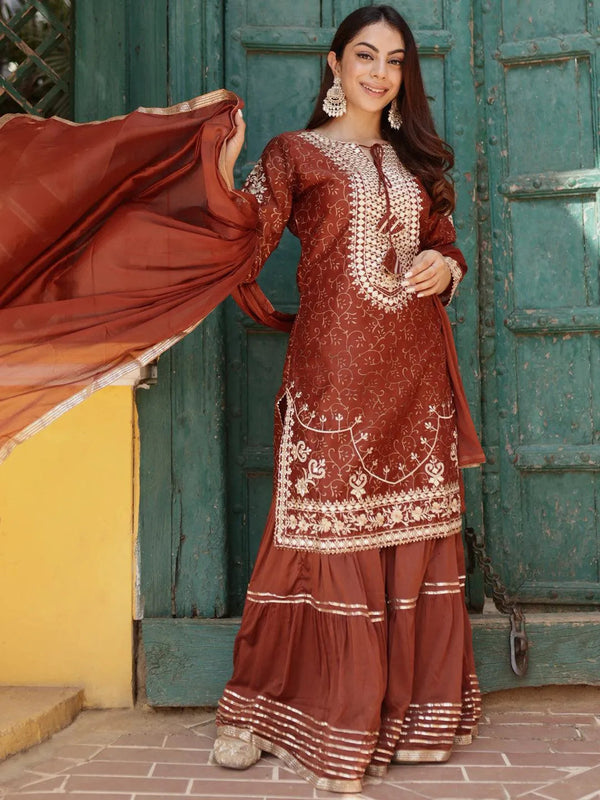 Rust Yoke Design Silk Blend Straight Kurta With Sharara & Dupatta - Jashvi