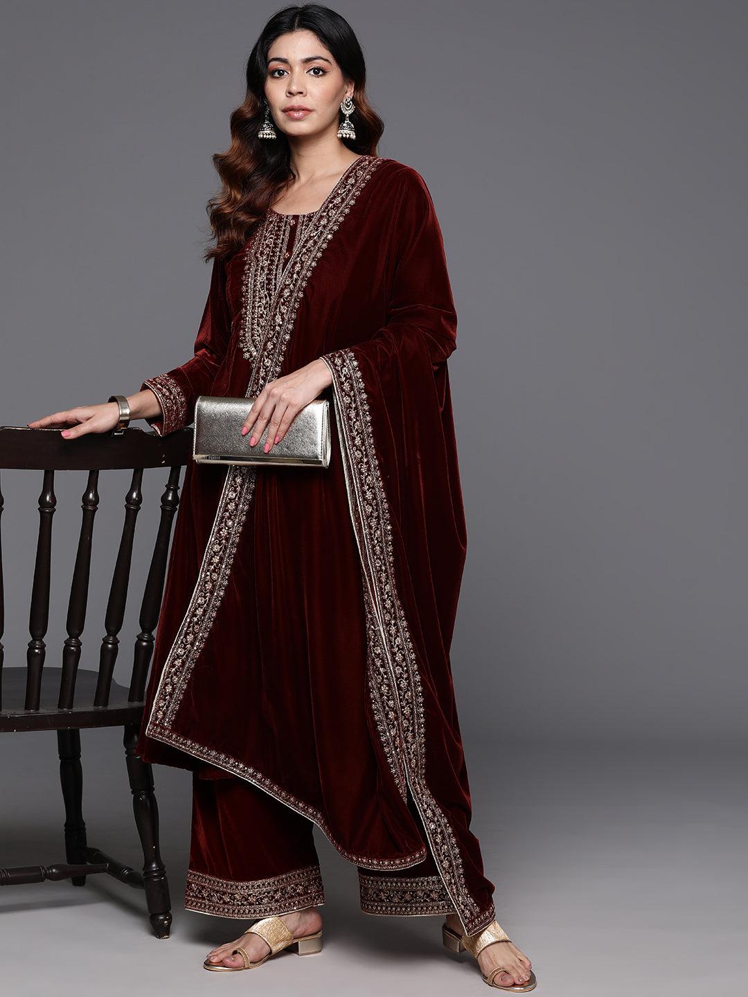 Rust Yoke Design Velvet A-Line Kurta With Palazzos & Dupatta - Jashvi