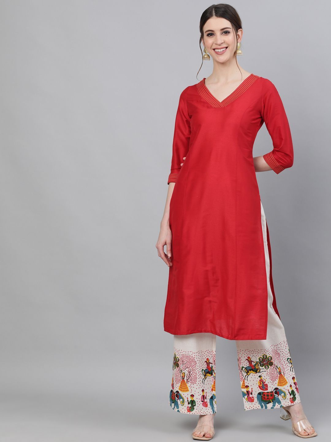 Women's Red Solid Kurta With Printed Palazzo Set - AKS