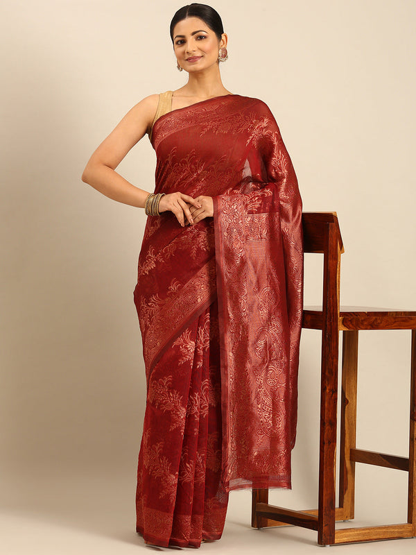 Women's Red Cotton Saree With Un Stitched Blouse - Aanika