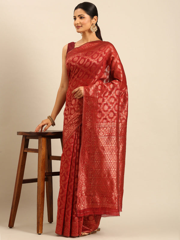 Women's Red Cotton Saree With Un Stitched Blouse - Aanika