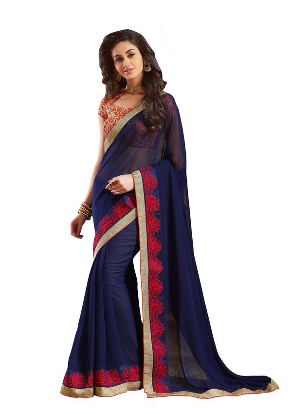 Women's Blue Designer Georgette Embroidery Saree - Vamika