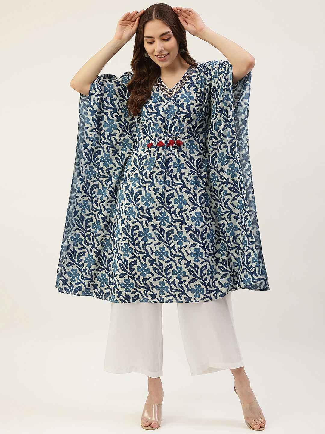 Women's Floral Printed Blue Cotton Kaftan - Fiorra