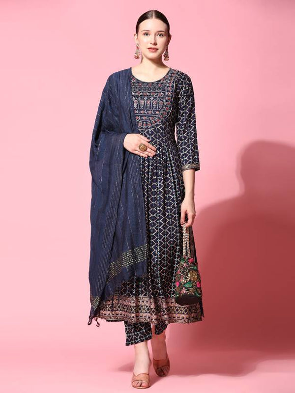 Women's Ethnic Motifs Printed Pleated Thread Work Kurta With Trousers & Dupatta - Noz2Toz