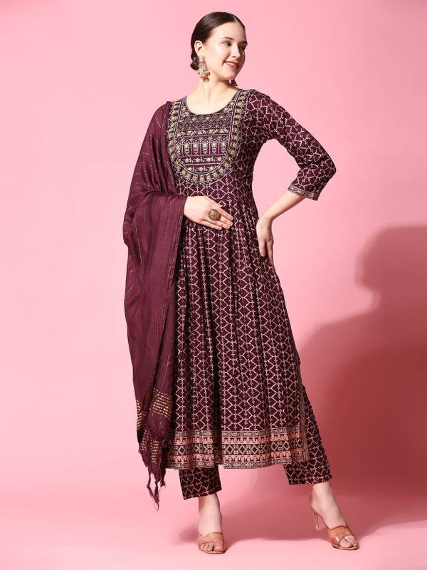 Women's Ethnic Motifs Printed Pleated Thread Work Kurta With Trousers & Dupatta - Noz2Toz