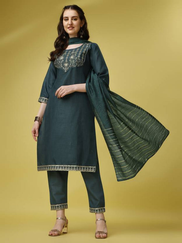 Women's Ethnic Motifs Embroidered Yoke Design Kurta With Trousers & Dupatta - Noz2Toz