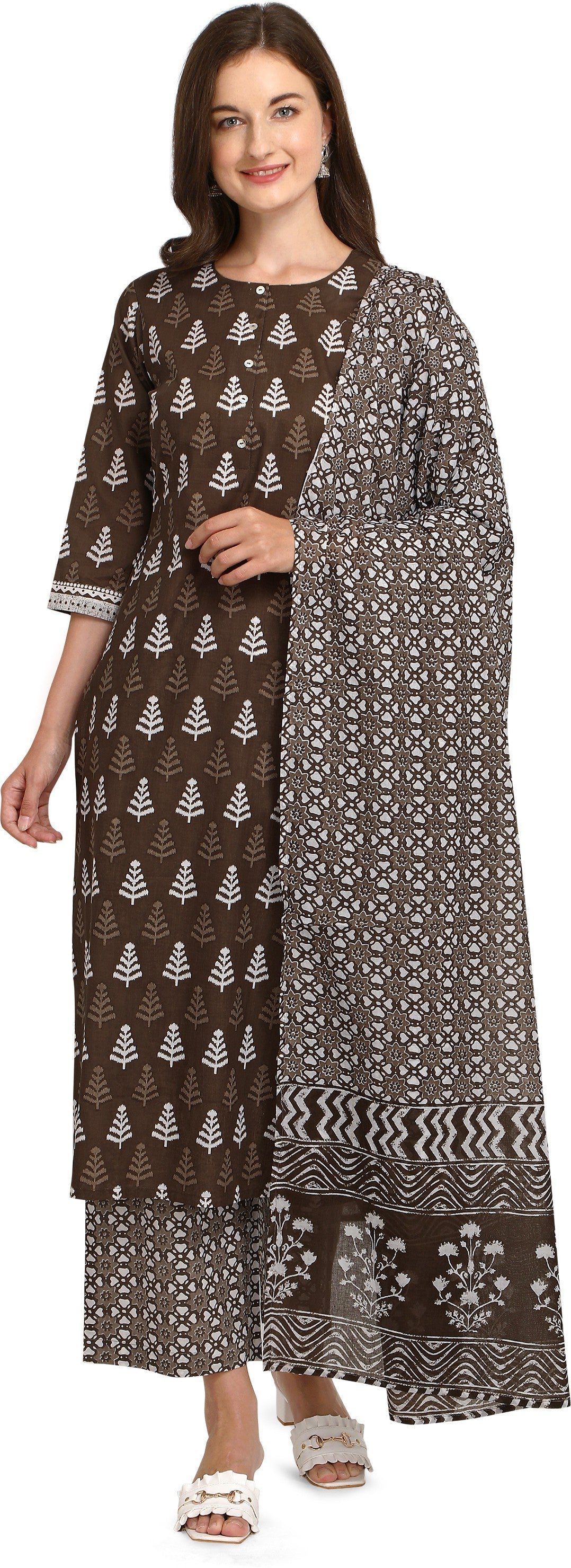 Women's Brown Cotton Straight Kurta Pant With Dupatta - Fiorra