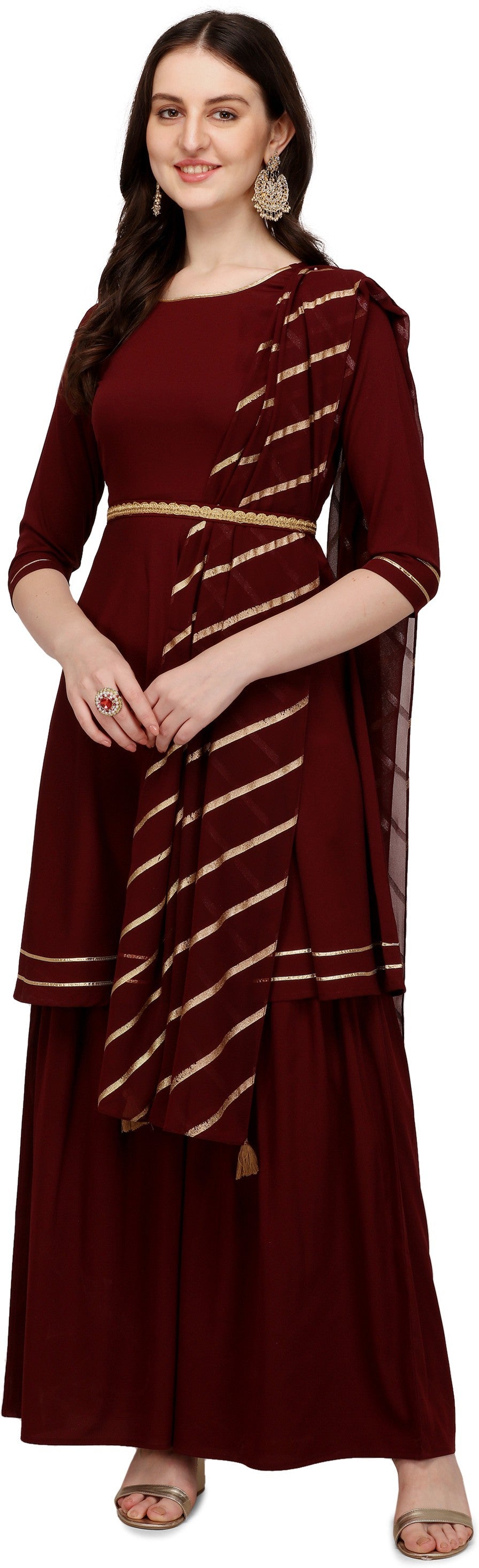 Women's Maroon Poly Crepe Flared Kurta Sharara With Dupatta - Fiorra