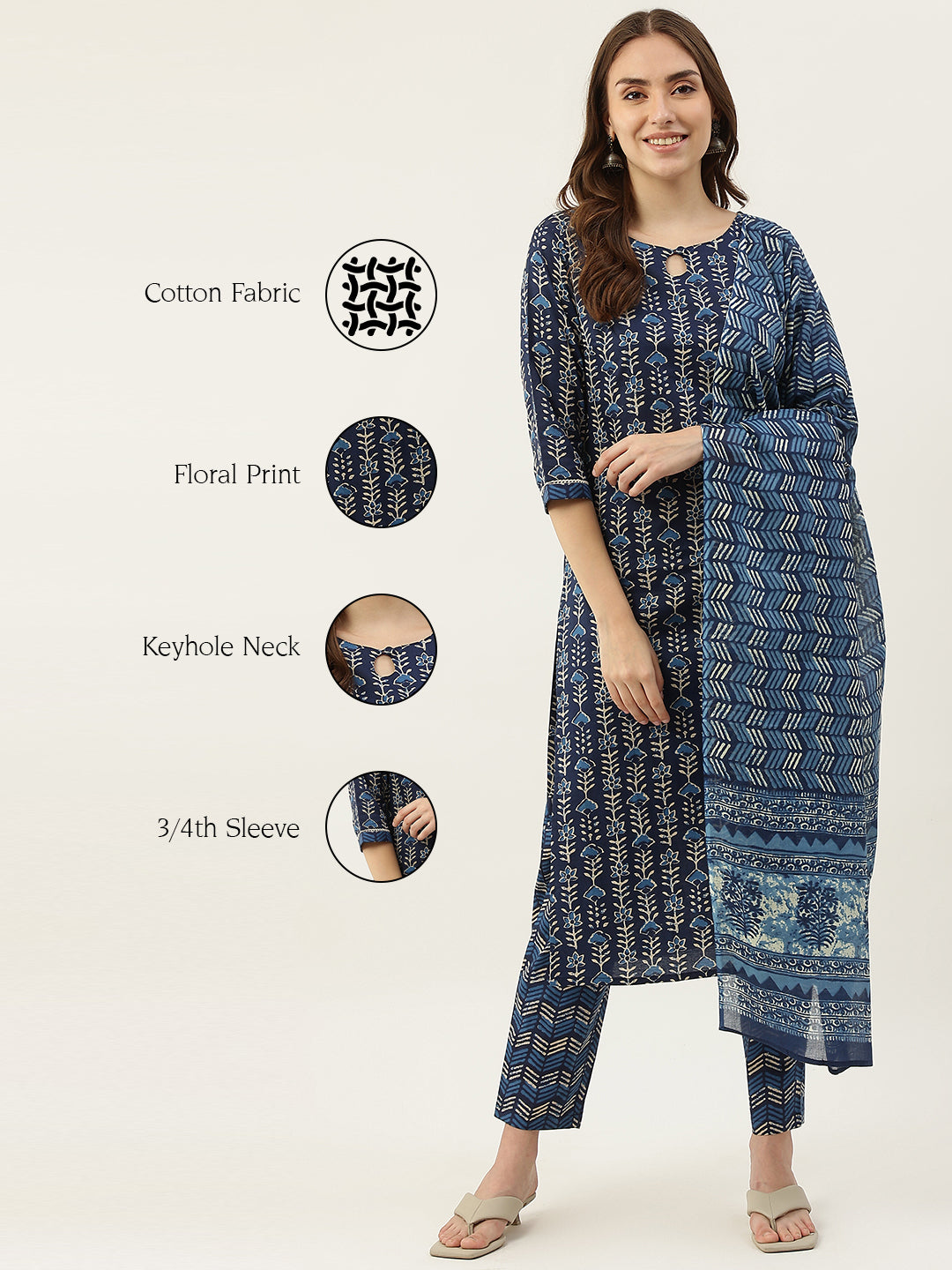 Women's Blue Cotton Straight Kurta Pant With Dupatta - Fiorra