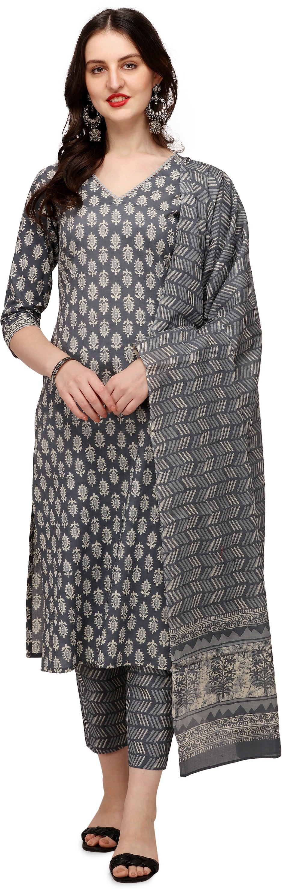 Women's Grey Cotton Straight Kurta Pant With Dupatta - Fiorra