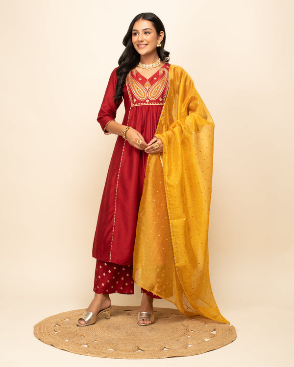 Women's Red Silk Blend A-Line Kurta Palazzo Set with dupatta - Fiorra