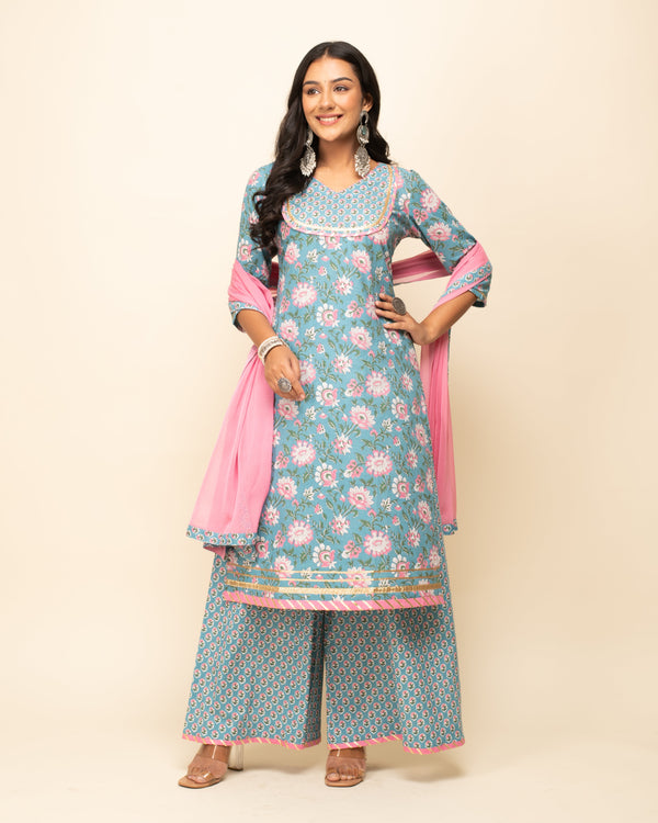 Women's Sky Blue Cotton Straight Kurta Palazzo Set with dupatta - Fiorra