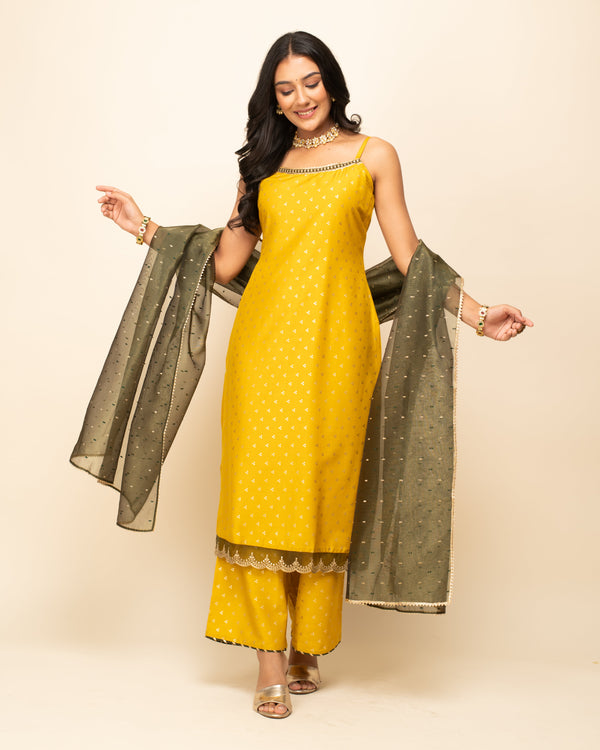 Women's Yellow Silk Blend Straight Kurta Palazzo Set with dupatta - Fiorra