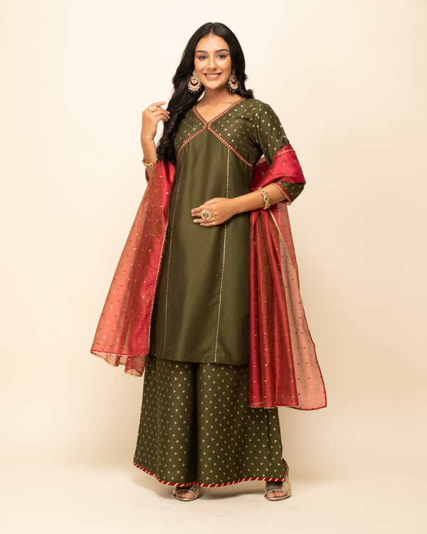 Women's Green Silk Blend Straight Kurta Palazzo Set with dupatta - Fiorra