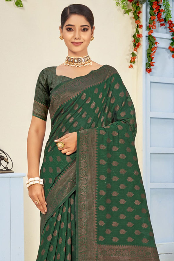 Women's Green Cotton Woven Zari Work Traditional Tassle Saree - Sangam Prints