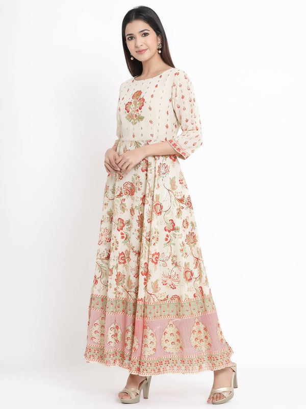 Buy_Women's_Ivory_Georgette_Printed_Flared_Dress_With_Hair-Band_Online_Indiakreations