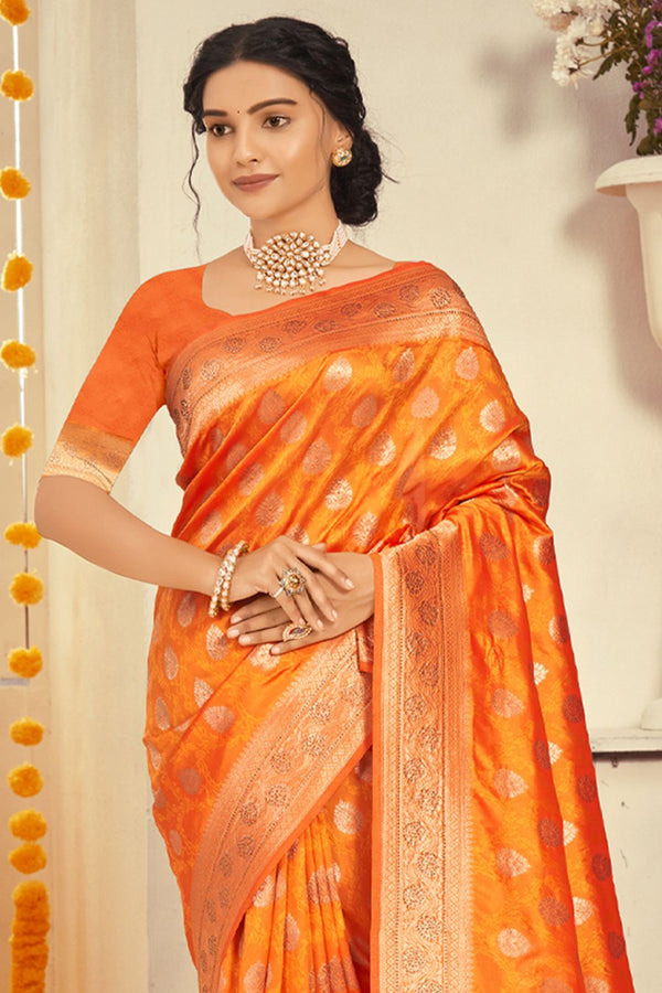 Women's Orange Silk Woven Zari Work Traditional Tassle Saree - Sangam Prints