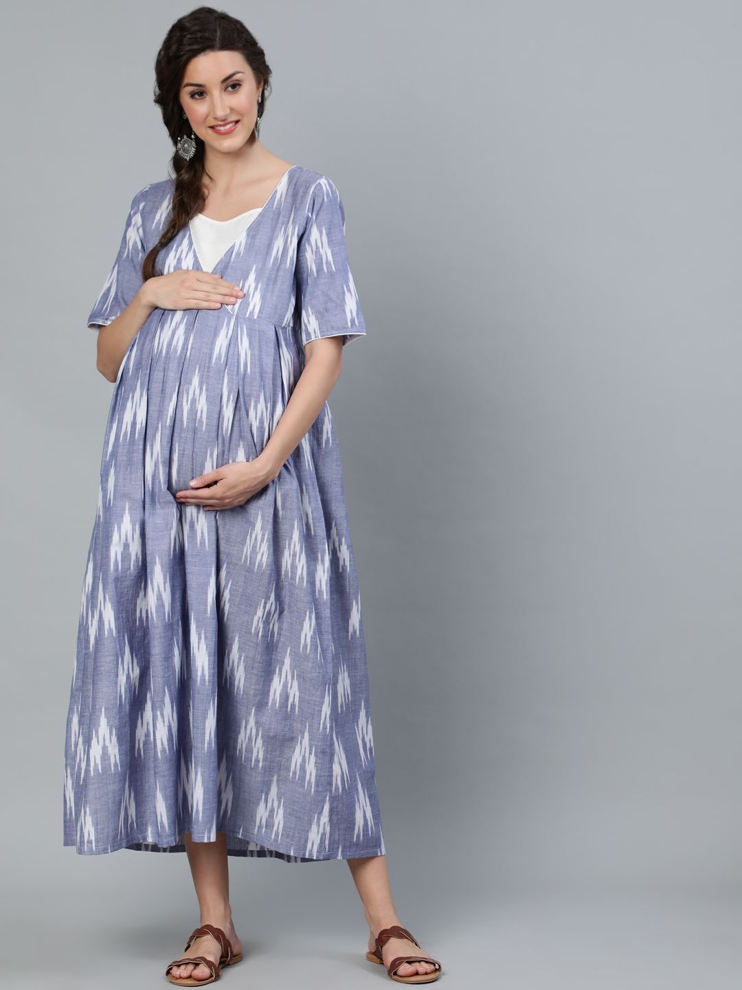 Women's Blue & White Ikat Woven Design Maternity Maxi - AKS