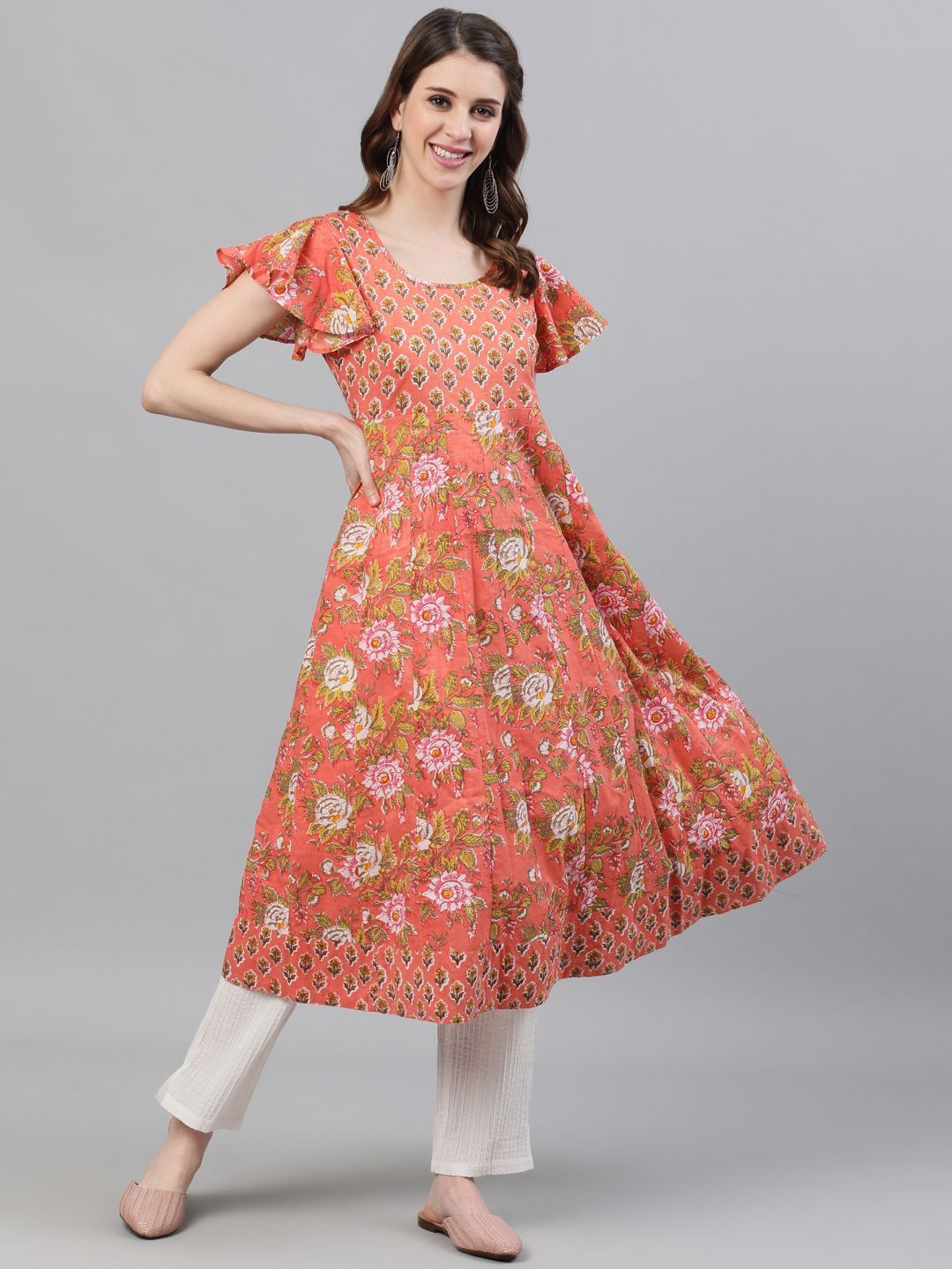 Women's Peach Floral Printed Flared Anarkali - AKS