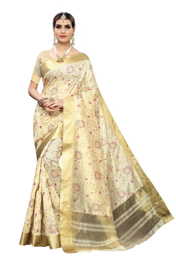 Women's Vamika Weaving Cream Cotton Polyester Silk Saree Kearala Floral - Vamika