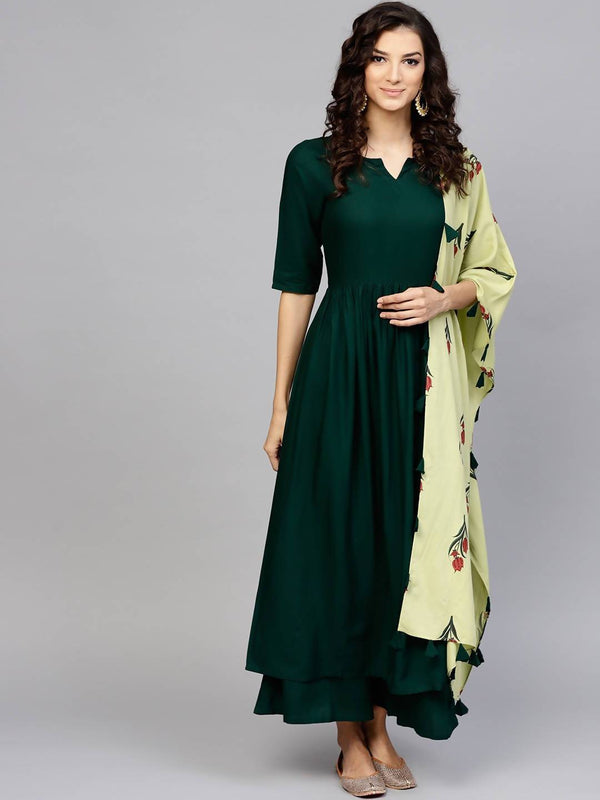 Women's Bottle Green Viscose Rayon A-Line Kurta, Palazzo, Stole Set - Cheera