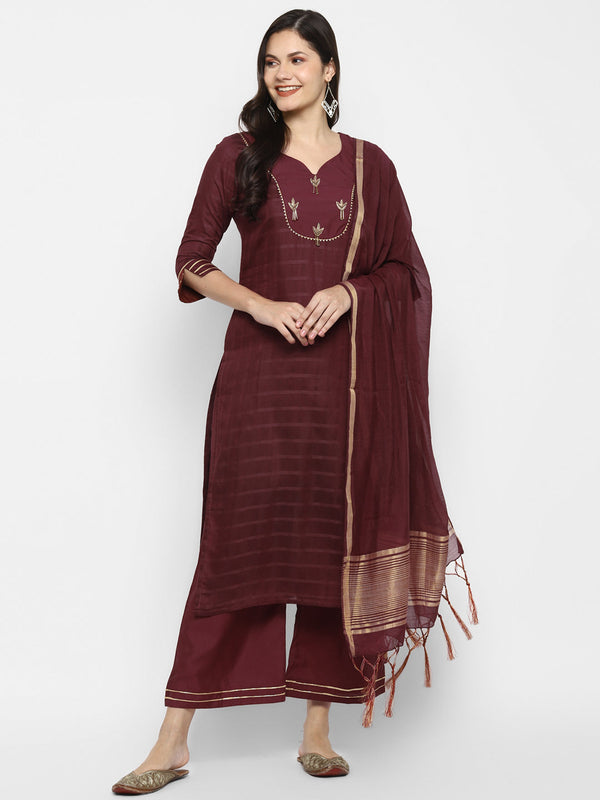 Women's Maroon Color Chanderi Silk Embroidered Straight Kurta Palazzo With Dupatta - VAABA