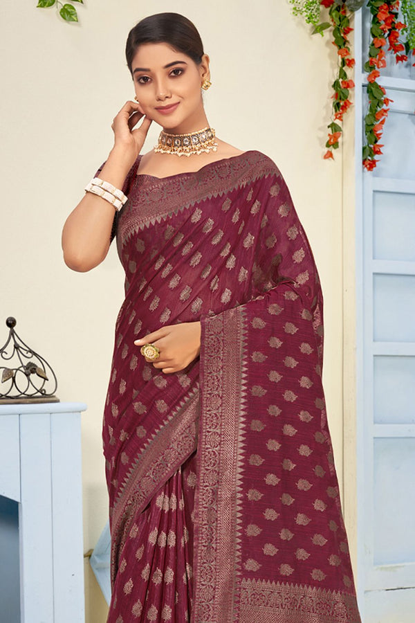 Women's Maroon Cotton Woven Zari Work Traditional Tassle Saree - Sangam Prints