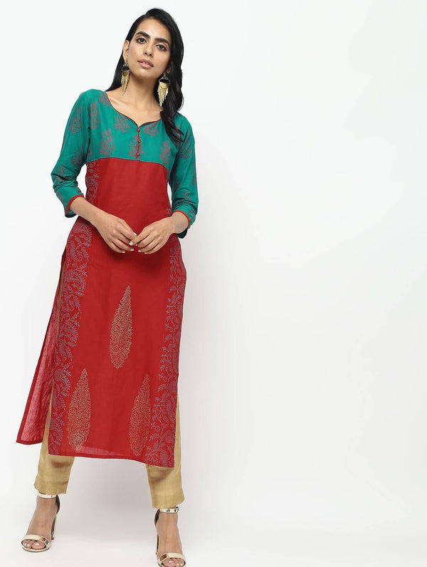 Women's Red Straight Printed Kurta Only - Cheera