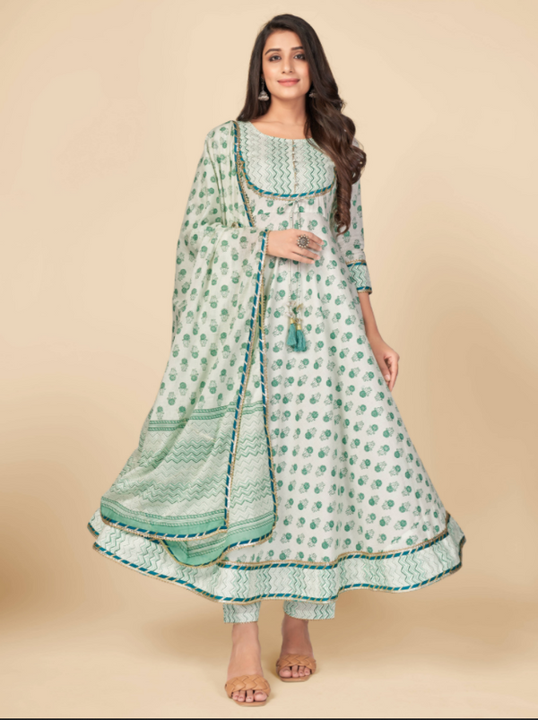 Women's Printed & Gota Patti Work Anarkali Cotton Green Kurta Pant With Dupatta (3Pcs Set) - Vbuyz