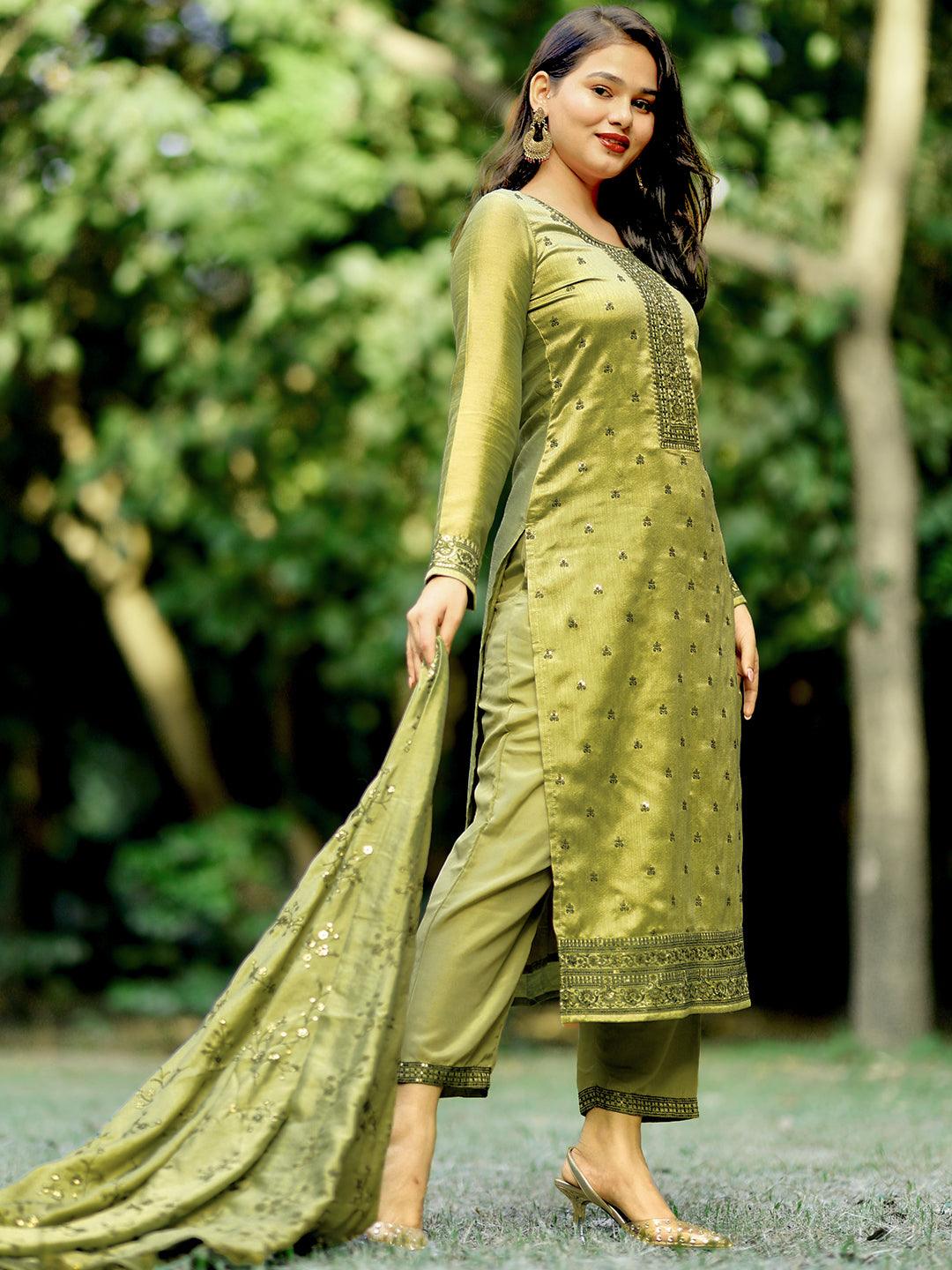 Sage Green Embroidered Silk Blend Straight Kurta With Trousers & Dupatta - Jashvi