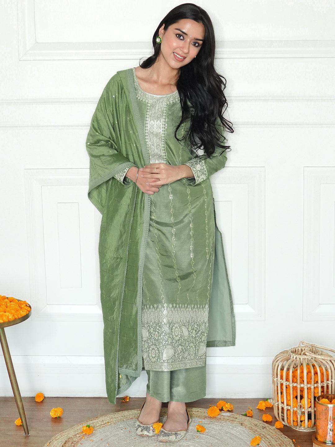 Sage Green Embroidered Silk Straight Kurta With Trousers & Dupatta - Jashvi