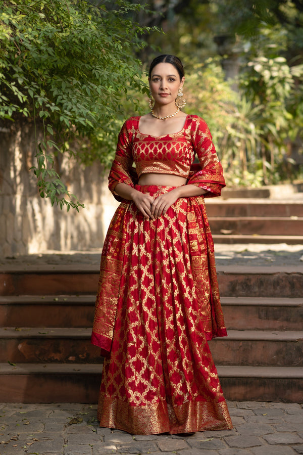 Red Lehenga Choli with Dupatta by Saras the label - 3 pcs set