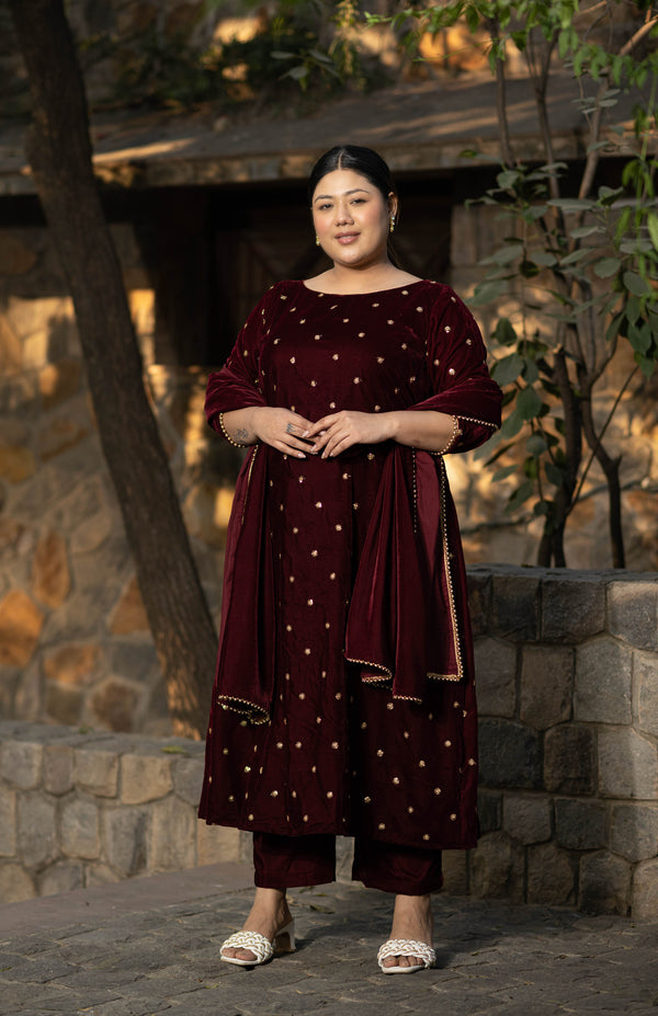 Women's Plus Size Maroon Velevet A Line Kurta Set - Label Shaurya Sanadhya