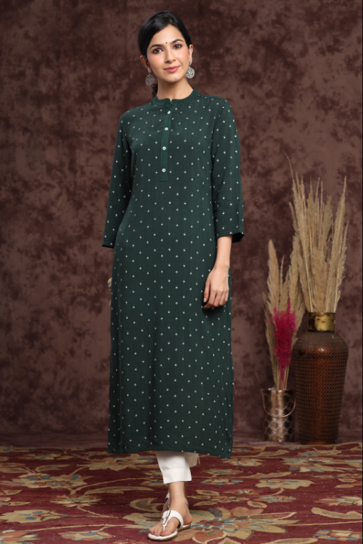 Women's Bottelgreen Rayon Slub Embellished Straight Kurta - Juniper